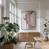 Divine II Pink by James Wiens. shown as a print in a natural wood frame in a dining room. Available as a archival giclee rolled canvas, fine art paper, or poster print. SKU 82830h.