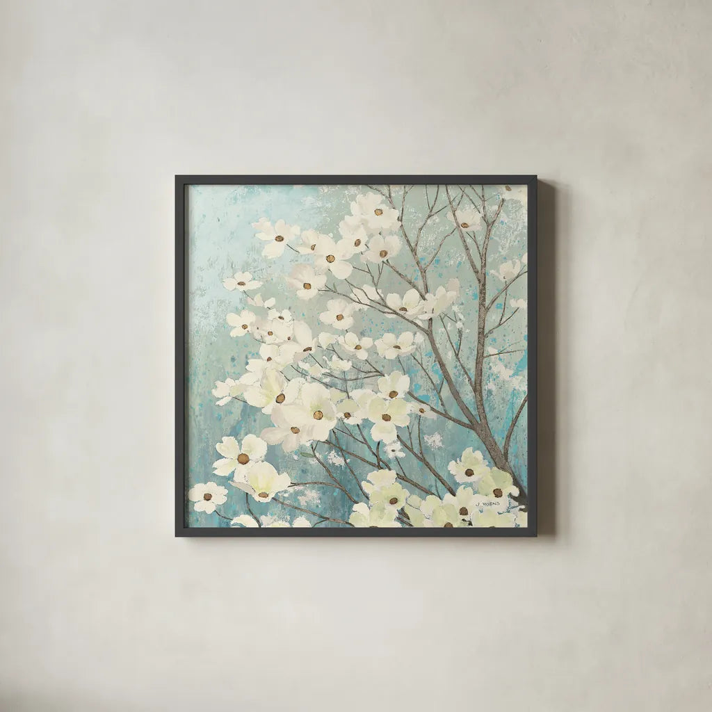 Dogwood Blossoms I by James Wiens. Shown in a sleek black glass frame for a contemporary gallery look. Available as an archival giclee rolled canvas, fine art paper, or poster print. SKU 10952a.