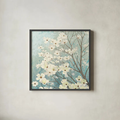 Dogwood Blossoms I by James Wiens. Shown in a sleek black glass frame for a contemporary gallery look. Available as an archival giclee rolled canvas, fine art paper, or poster print. SKU 10952a.