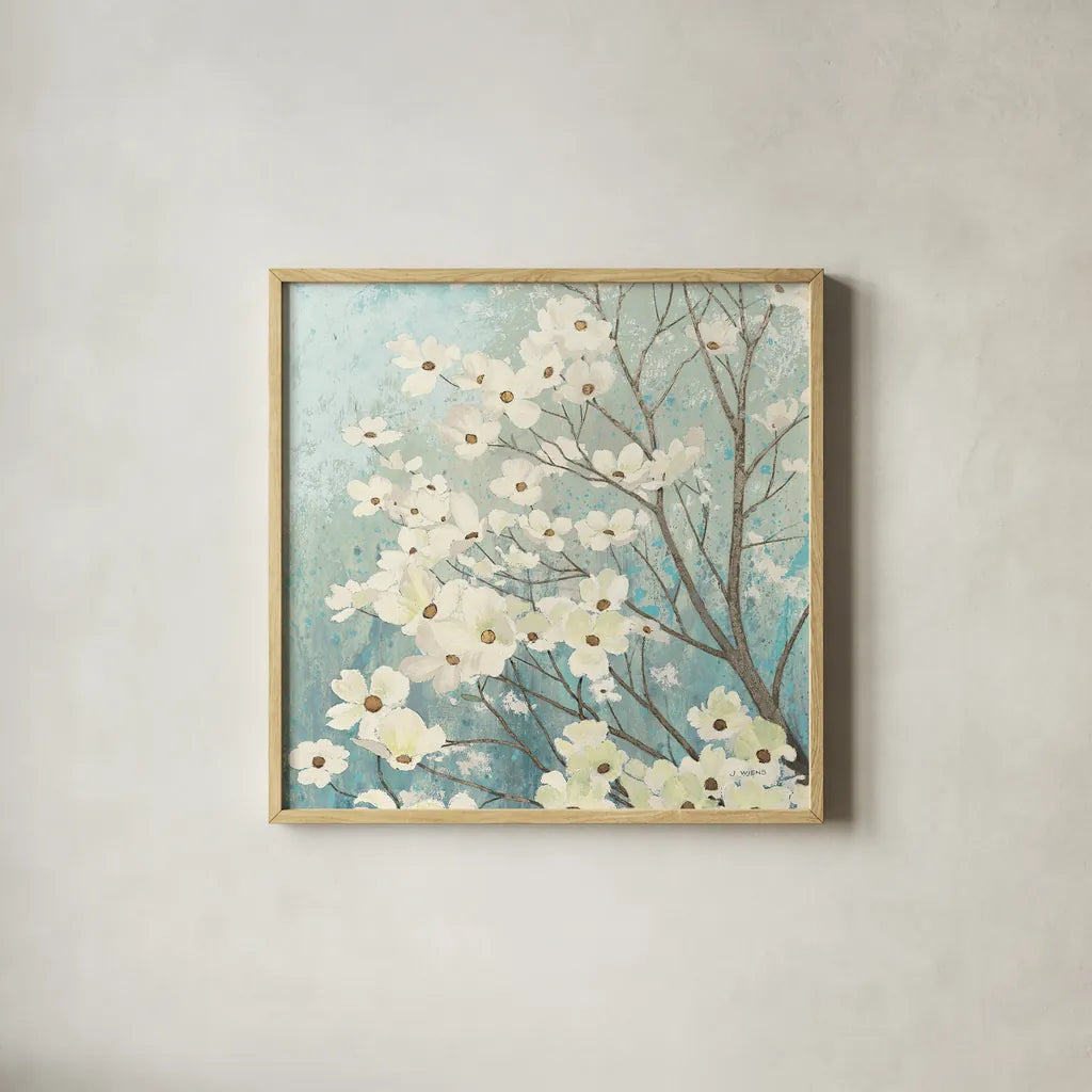 Dogwood Blossoms I by James Wiens. Shown in a natural wood glass frame for a timeless modern aesthetic. Available as an archival giclee rolled canvas, fine art paper, or poster print. SKU 10952a.