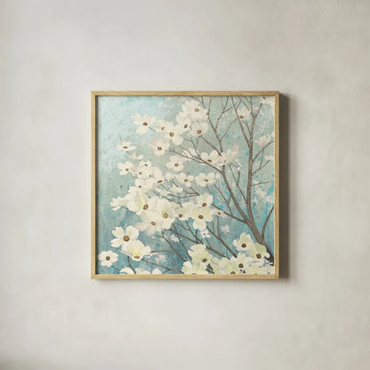 Dogwood Blossoms I by James Wiens. Shown in a natural wood glass frame for a timeless modern aesthetic. Available as an archival giclee rolled canvas, fine art paper, or poster print. SKU 10952a.