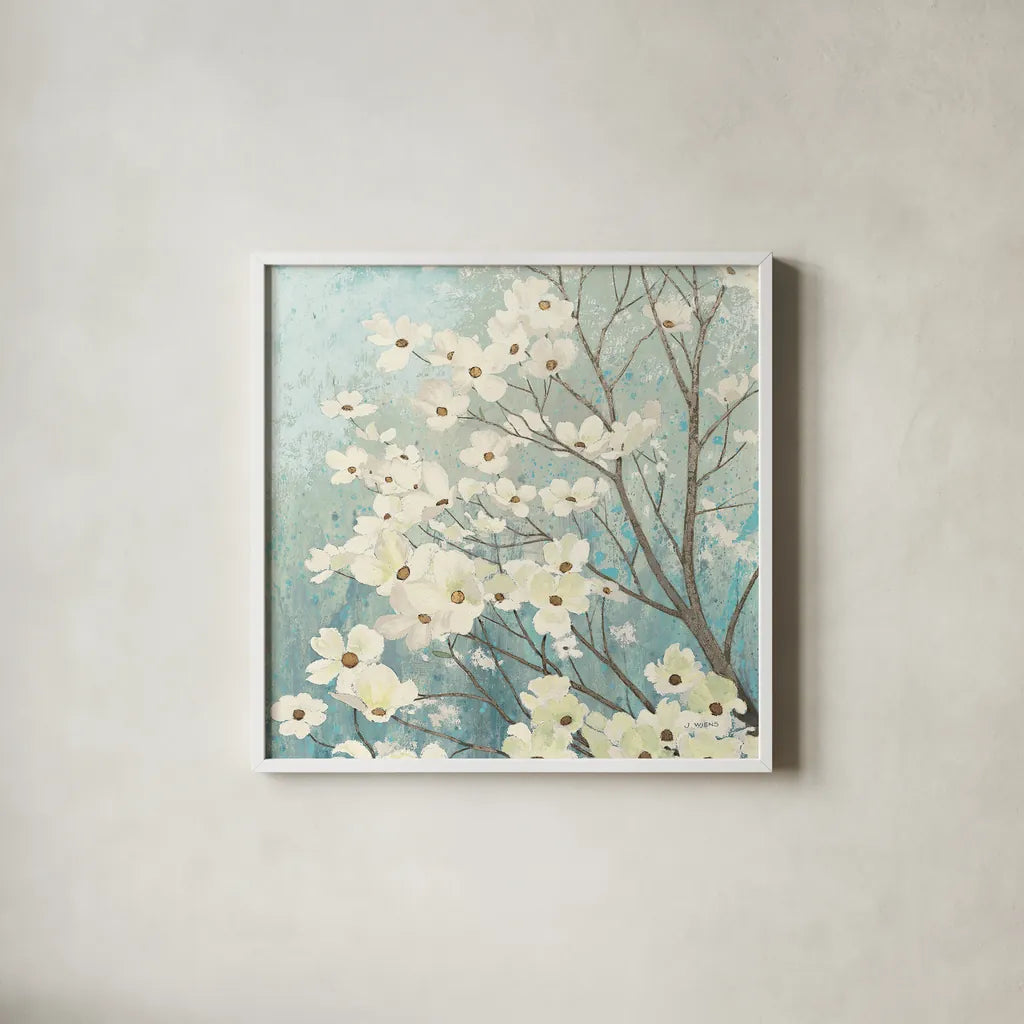 Dogwood Blossoms I by James Wiens. Shown in a crisp white glass frame for a clean and minimalist style. Available as an archival giclee rolled canvas, fine art paper, or poster print. SKU 10952a.