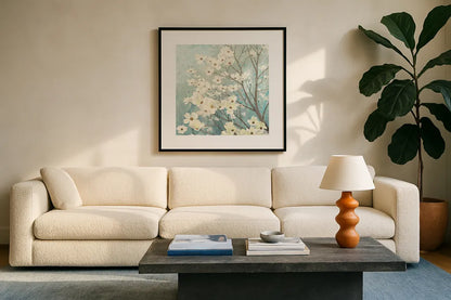 Dogwood Blossoms I by James Wiens. Displayed in a glass frame with matte in a clean modern living room. Available as an archival giclee rolled canvas, fine art paper, or poster print. SKU 10952a.