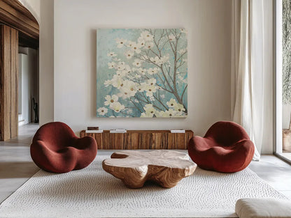 Dogwood Blossoms I by James Wiens. Shown as extra-large giant wall art in a modern living room. Available as an archival giclee rolled canvas, fine art paper, or poster print. SKU 10952a.