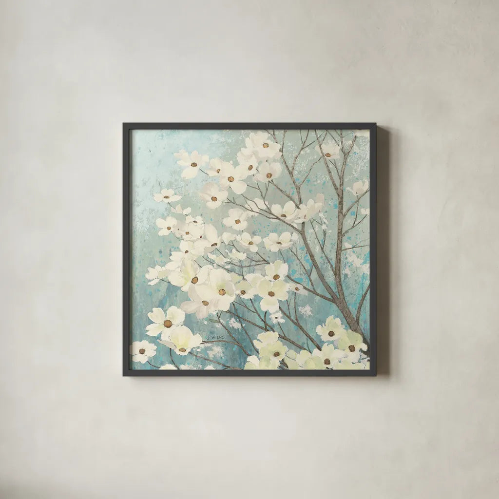 Dogwood Blossoms I by James Wiens. Shown in a sleek black glass frame for a contemporary gallery look. Available as an archival giclee rolled canvas, fine art paper, or poster print. SKU 11147a.