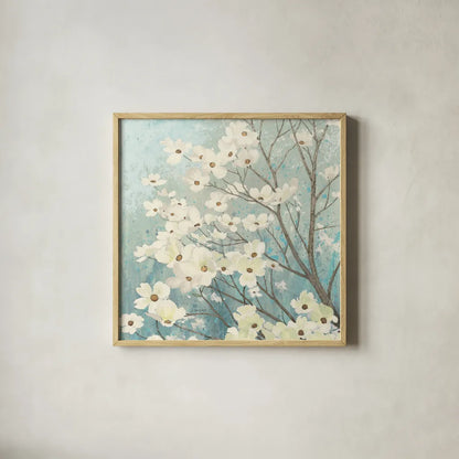 Dogwood Blossoms I by James Wiens. Shown in a natural wood glass frame for a timeless modern aesthetic. Available as an archival giclee rolled canvas, fine art paper, or poster print. SKU 11147a.