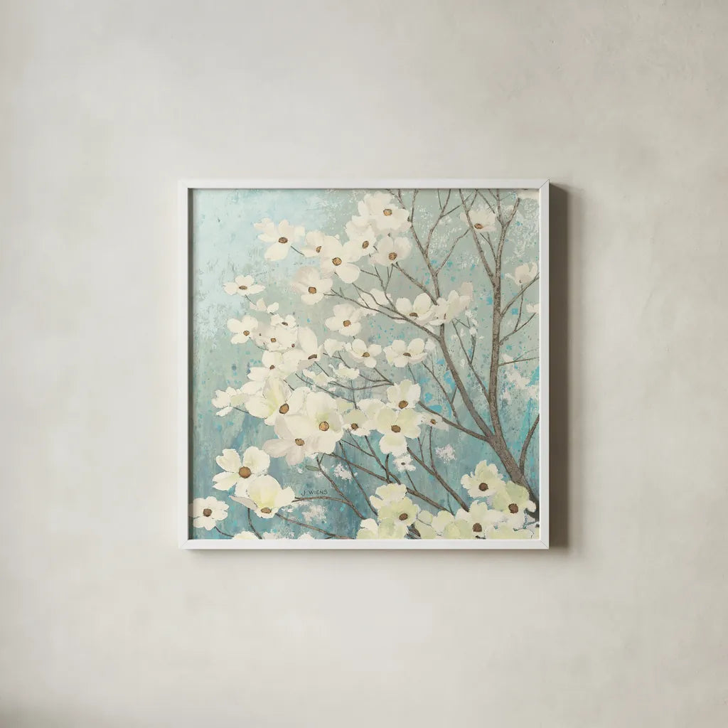 Dogwood Blossoms I by James Wiens. Shown in a crisp white glass frame for a clean and minimalist style. Available as an archival giclee rolled canvas, fine art paper, or poster print. SKU 11147a.