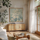 Dogwood Blossoms I by James Wiens. Shown in a natural wood frame in a cozy modern living room. Available as an archival giclee rolled canvas, fine art paper, or poster print. SKU 11147a.
