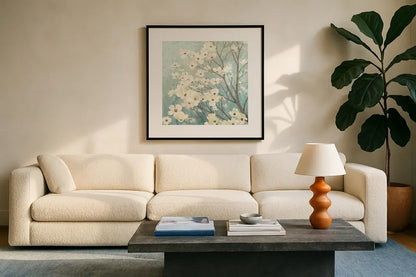 Dogwood Blossoms I by James Wiens. Displayed in a glass frame with matte in a clean modern living room. Available as an archival giclee rolled canvas, fine art paper, or poster print. SKU 11147a.