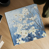 Dogwood Blossoms I Indigo by James Wiens. Shown as a detailed flat fine art print, highlighting archival giclee quality. Available as an archival giclee rolled canvas, fine art paper, or poster print. SKU 23972a.