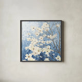 Dogwood Blossoms I Indigo by James Wiens. Shown in a sleek black glass frame for a contemporary gallery look. Available as an archival giclee rolled canvas, fine art paper, or poster print. SKU 23972a.
