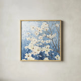 Dogwood Blossoms I Indigo by James Wiens. Shown in a natural wood glass frame for a timeless modern aesthetic. Available as an archival giclee rolled canvas, fine art paper, or poster print. SKU 23972a.