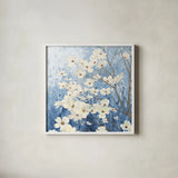 Dogwood Blossoms I Indigo by James Wiens. Shown in a crisp white glass frame for a clean and minimalist style. Available as an archival giclee rolled canvas, fine art paper, or poster print. SKU 23972a.