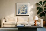 Dogwood Blossoms I Indigo by James Wiens. Displayed in a glass frame with matte in a clean modern living room. Available as an archival giclee rolled canvas, fine art paper, or poster print. SKU 23972a.