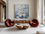 Dogwood Blossoms I Indigo by James Wiens. Shown as extra-large giant wall art in a modern living room. Available as an archival giclee rolled canvas, fine art paper, or poster print. SKU 23972a.