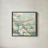 Dogwood Blossoms II by James Wiens. Shown in a sleek black glass frame for a contemporary gallery look. Available as an archival giclee rolled canvas, fine art paper, or poster print. SKU 10953a.