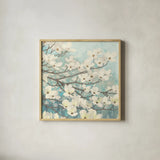 Dogwood Blossoms II by James Wiens. Shown in a natural wood glass frame for a timeless modern aesthetic. Available as an archival giclee rolled canvas, fine art paper, or poster print. SKU 10953a.
