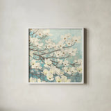 Dogwood Blossoms II by James Wiens. Shown in a crisp white glass frame for a clean and minimalist style. Available as an archival giclee rolled canvas, fine art paper, or poster print. SKU 10953a.