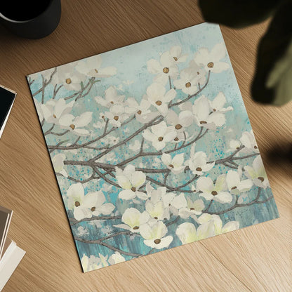Dogwood Blossoms II by James Wiens. Shown as a detailed flat fine art print, highlighting archival giclee quality. Available as an archival giclee rolled canvas, fine art paper, or poster print. SKU 11148a.
