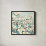 Dogwood Blossoms II by James Wiens. Shown in a sleek black glass frame for a contemporary gallery look. Available as an archival giclee rolled canvas, fine art paper, or poster print. SKU 11148a.