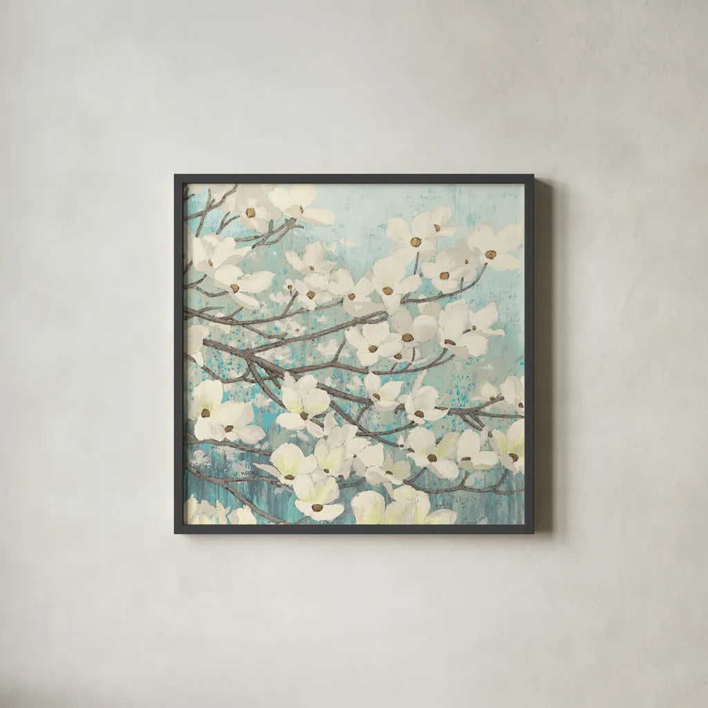 Dogwood Blossoms II by James Wiens. Shown in a sleek black glass frame for a contemporary gallery look. Available as an archival giclee rolled canvas, fine art paper, or poster print. SKU 11148a.