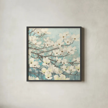 Dogwood Blossoms II by James Wiens. Shown in a sleek black glass frame for a contemporary gallery look. Available as an archival giclee rolled canvas, fine art paper, or poster print. SKU 11148a.