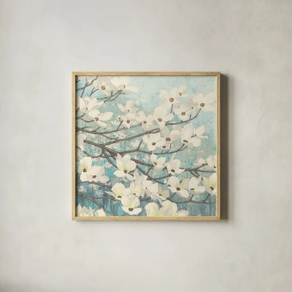 Dogwood Blossoms II by James Wiens. Shown in a natural wood glass frame for a timeless modern aesthetic. Available as an archival giclee rolled canvas, fine art paper, or poster print. SKU 11148a.
