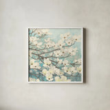 Dogwood Blossoms II by James Wiens. Shown in a crisp white glass frame for a clean and minimalist style. Available as an archival giclee rolled canvas, fine art paper, or poster print. SKU 11148a.