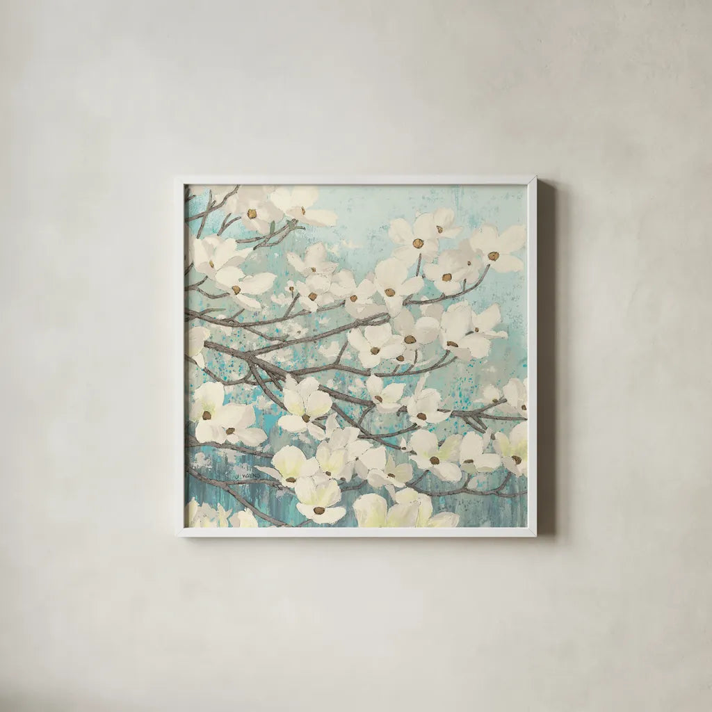 Dogwood Blossoms II by James Wiens. Shown in a crisp white glass frame for a clean and minimalist style. Available as an archival giclee rolled canvas, fine art paper, or poster print. SKU 11148a.