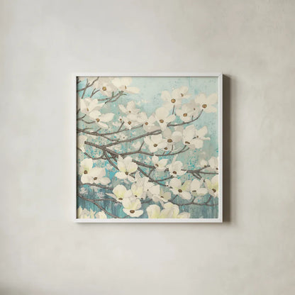 Dogwood Blossoms II by James Wiens. Shown in a crisp white glass frame for a clean and minimalist style. Available as an archival giclee rolled canvas, fine art paper, or poster print. SKU 11148a.