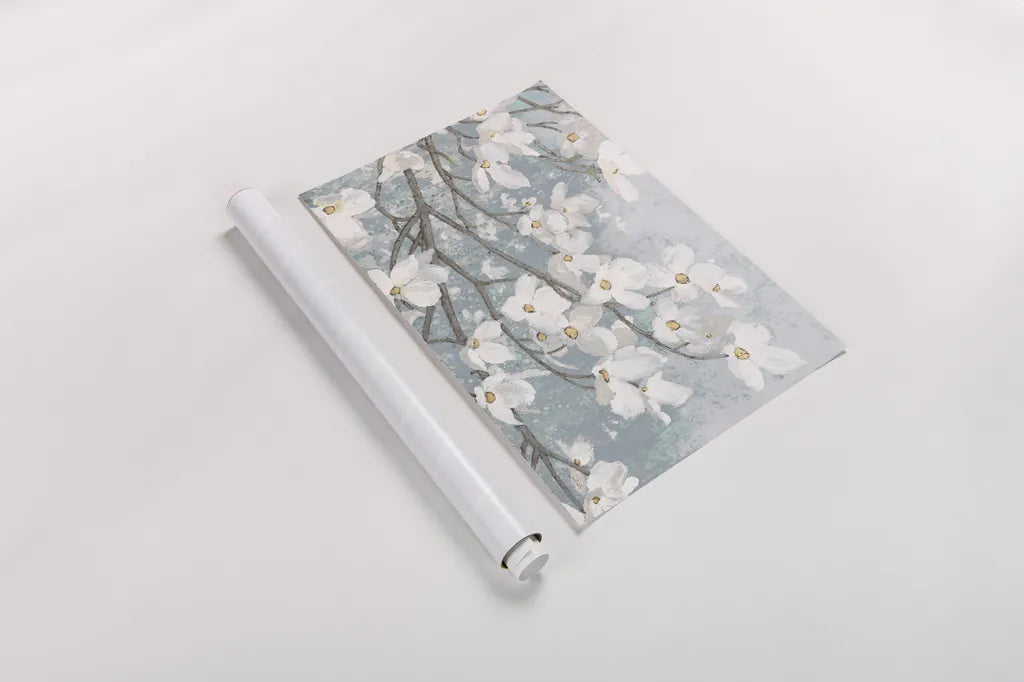 Dogwood Blossoms II Blue Gray Crop by James Wiens. shown as a rolled paper print. Available as archival giclee rolled canvas, fine art paper, or poster print. SKU 42233i.