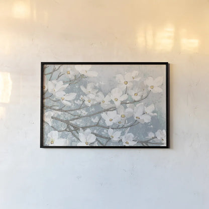 Dogwood Blossoms II Blue Gray Crop by James Wiens. shown as a paper print in a black flame. Available as a archival giclee rolled canvas, fine art paper, or poster print. SKU 42233i.