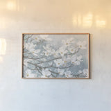 Dogwood Blossoms II Blue Gray Crop by James Wiens. shown as a paper print in a natural frame. Available as a archival giclee rolled canvas, fine art paper, or poster print. SKU 42233i.