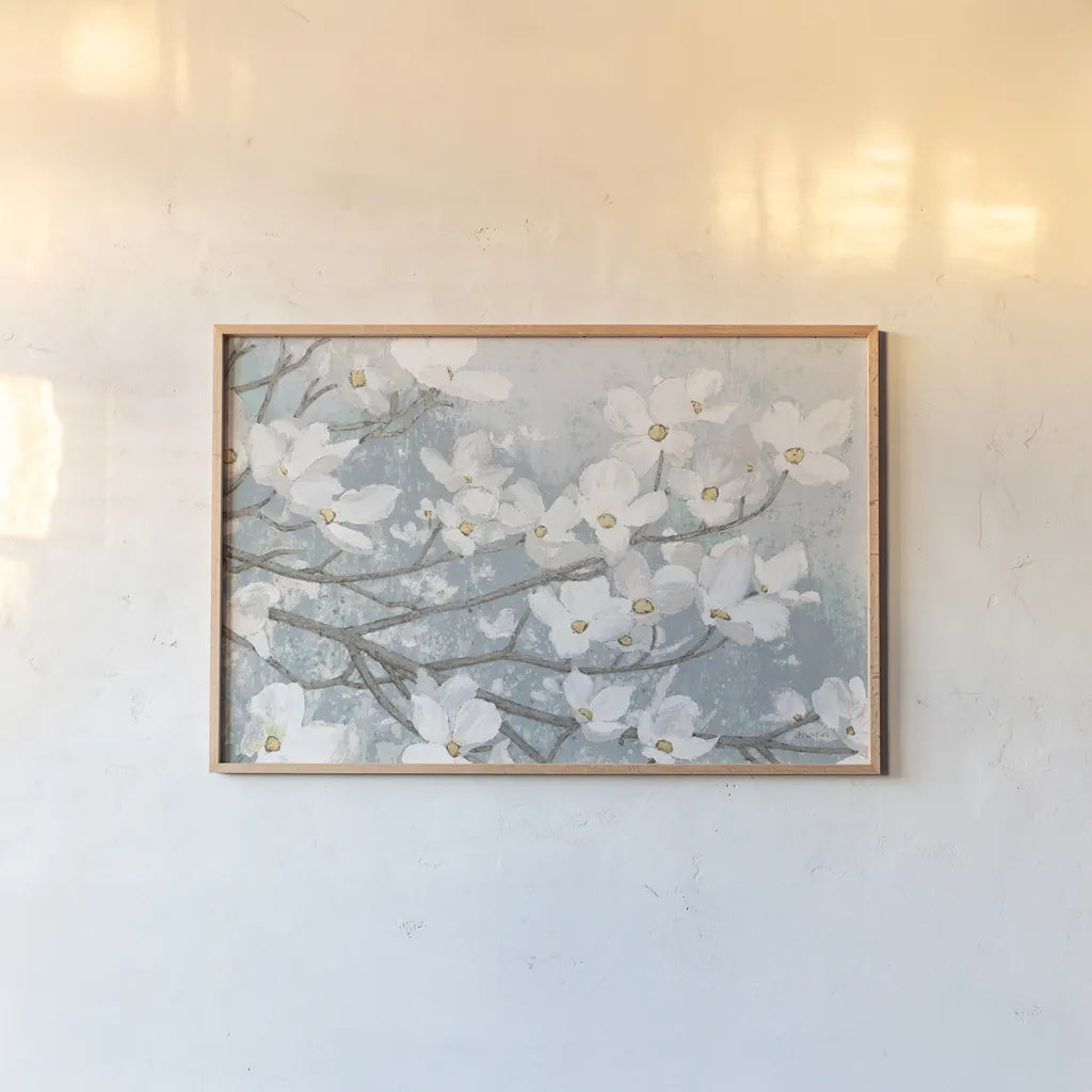 Dogwood Blossoms II Blue Gray Crop by James Wiens. shown as a paper print in a natural frame. Available as a archival giclee rolled canvas, fine art paper, or poster print. SKU 42233i.