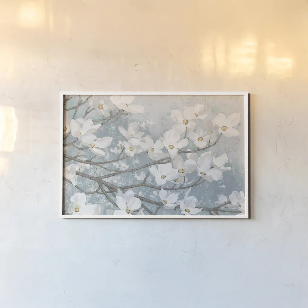 Dogwood Blossoms II Blue Gray Crop by James Wiens. shown as a paper print in a white frame. Available as a archival giclee rolled canvas, fine art paper, or poster print. SKU 42233i.