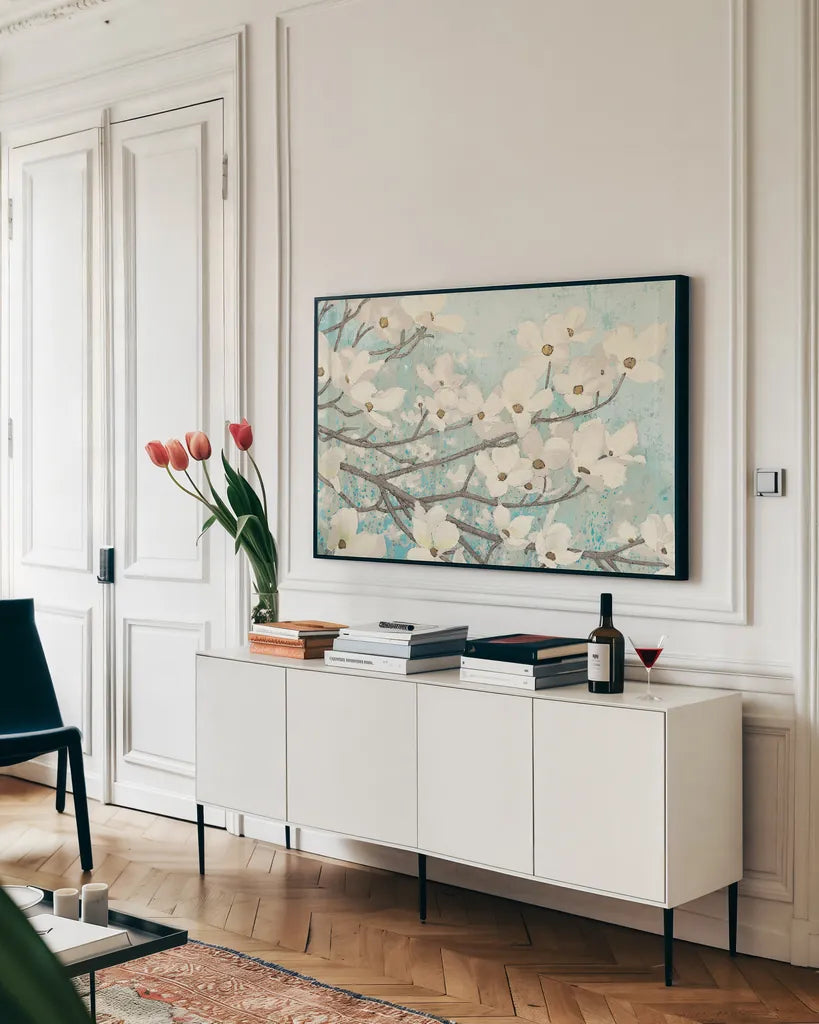 Dogwood Blossoms II Crop by James Wiens. shown as a framed stretched canvas in a living room above a console. Available as a archival giclee rolled canvas, fine art paper, or poster print. SKU 10953i.
