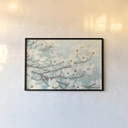 Dogwood Blossoms II Crop by James Wiens. shown as a paper print in a black flame. Available as a archival giclee rolled canvas, fine art paper, or poster print. SKU 10953i.