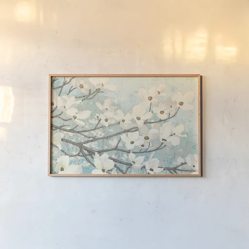 Dogwood Blossoms II Crop by James Wiens. shown as a paper print in a natural frame. Available as a archival giclee rolled canvas, fine art paper, or poster print. SKU 10953i.