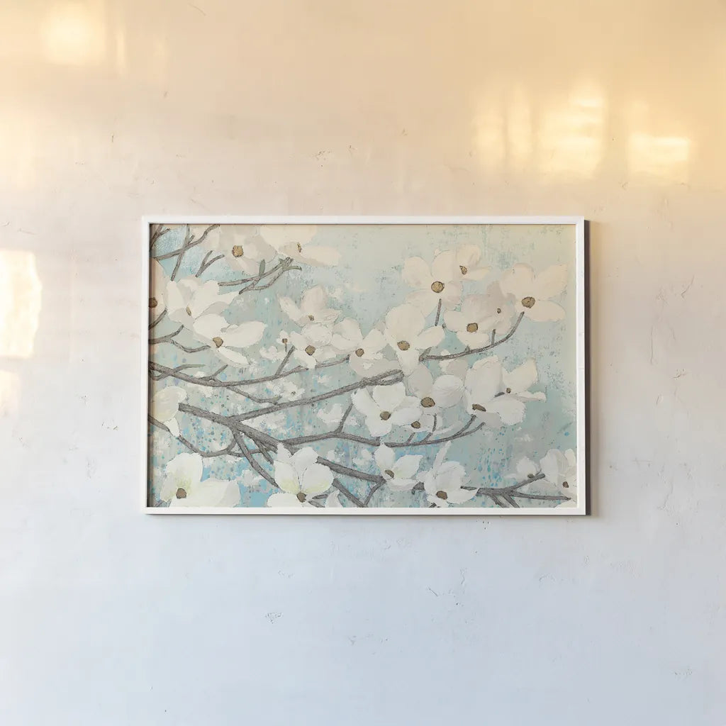 Dogwood Blossoms II Crop by James Wiens. shown as a paper print in a white frame. Available as a archival giclee rolled canvas, fine art paper, or poster print. SKU 10953i.