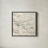 Dogwood Blossoms II Gray by James Wiens. Shown in a sleek black glass frame for a contemporary gallery look. Available as an archival giclee rolled canvas, fine art paper, or poster print. SKU 41472a.