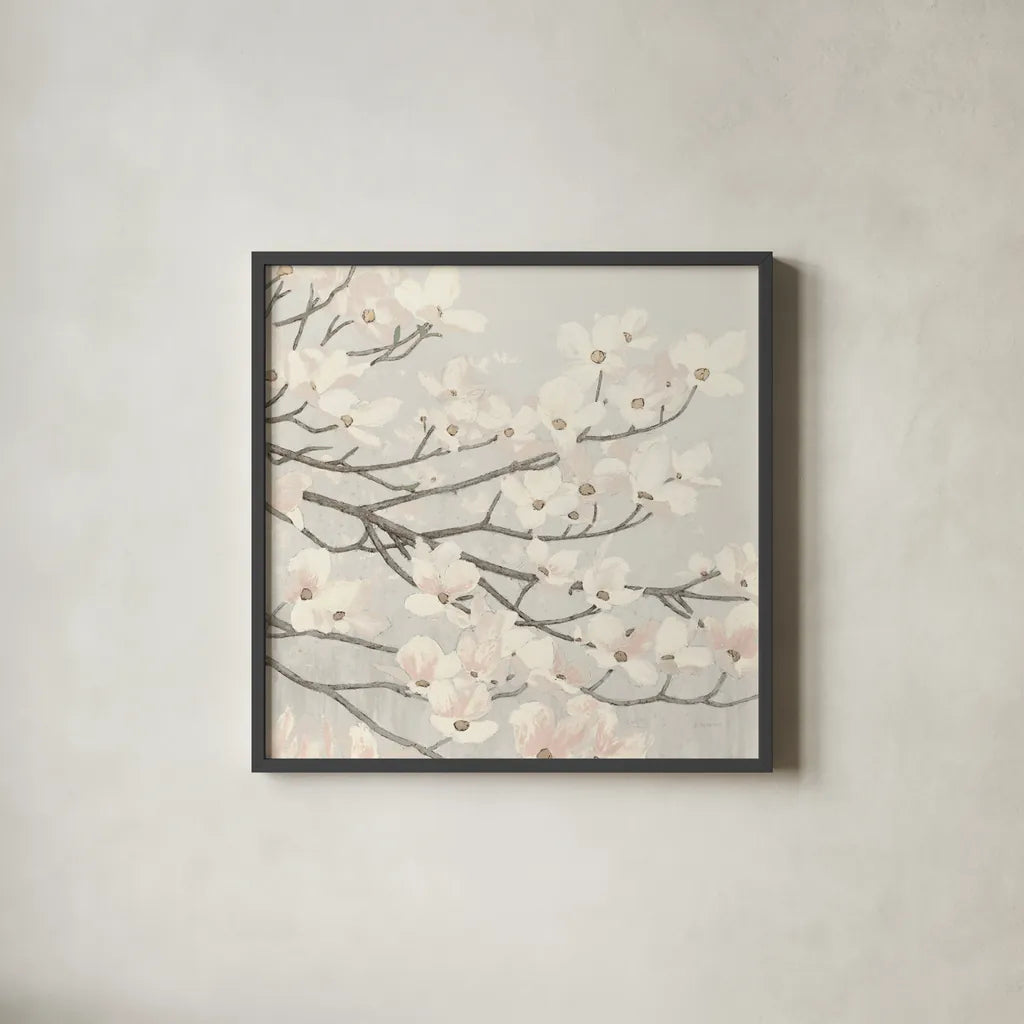 Dogwood Blossoms II Gray by James Wiens. Shown in a sleek black glass frame for a contemporary gallery look. Available as an archival giclee rolled canvas, fine art paper, or poster print. SKU 41472a.