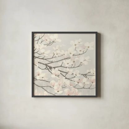 Dogwood Blossoms II Gray by James Wiens. Shown in a sleek black glass frame for a contemporary gallery look. Available as an archival giclee rolled canvas, fine art paper, or poster print. SKU 41472a.
