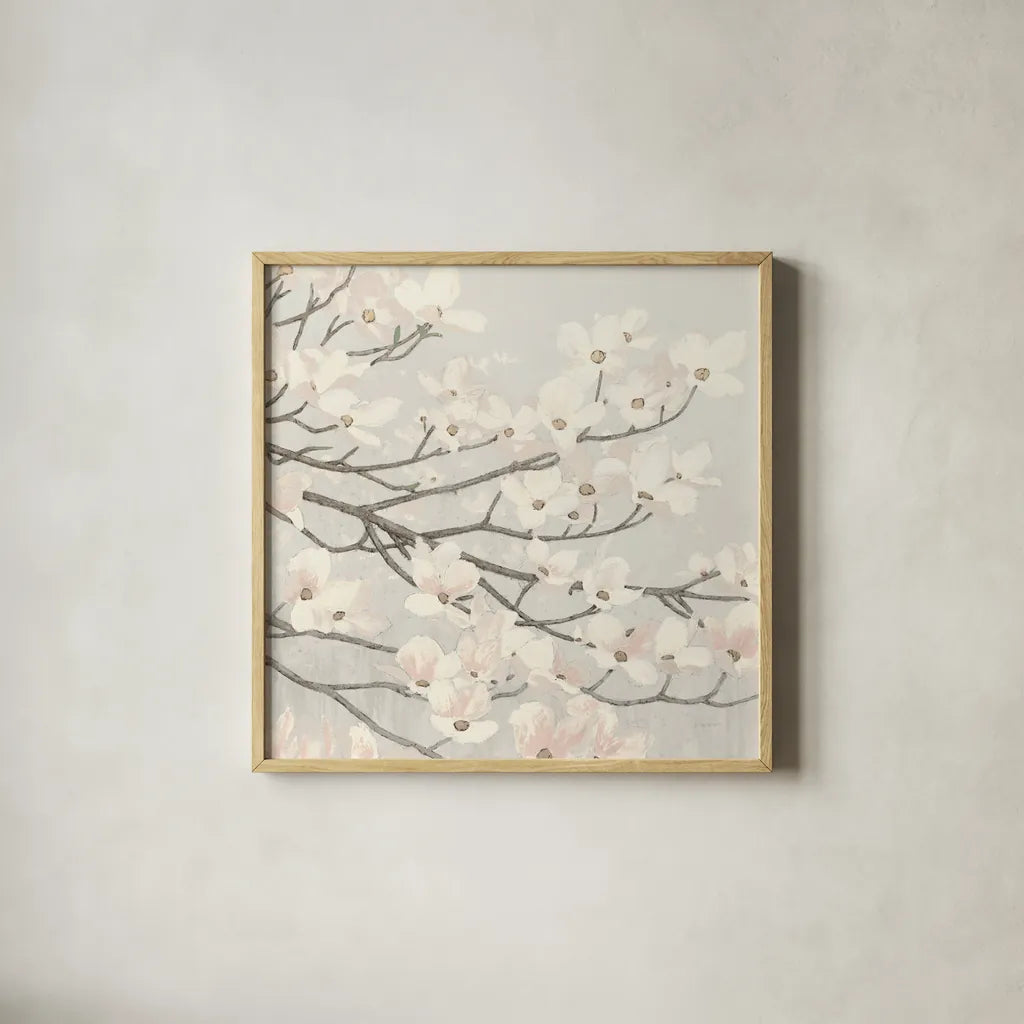 Dogwood Blossoms II Gray by James Wiens. Shown in a natural wood glass frame for a timeless modern aesthetic. Available as an archival giclee rolled canvas, fine art paper, or poster print. SKU 41472a.
