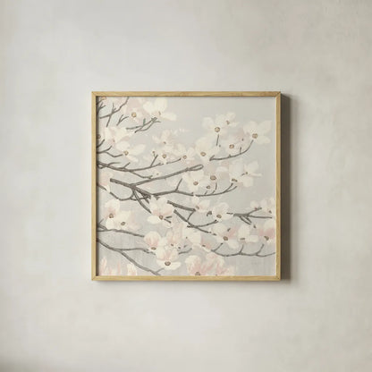 Dogwood Blossoms II Gray by James Wiens. Shown in a natural wood glass frame for a timeless modern aesthetic. Available as an archival giclee rolled canvas, fine art paper, or poster print. SKU 41472a.