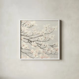 Dogwood Blossoms II Gray by James Wiens. Shown in a crisp white glass frame for a clean and minimalist style. Available as an archival giclee rolled canvas, fine art paper, or poster print. SKU 41472a.