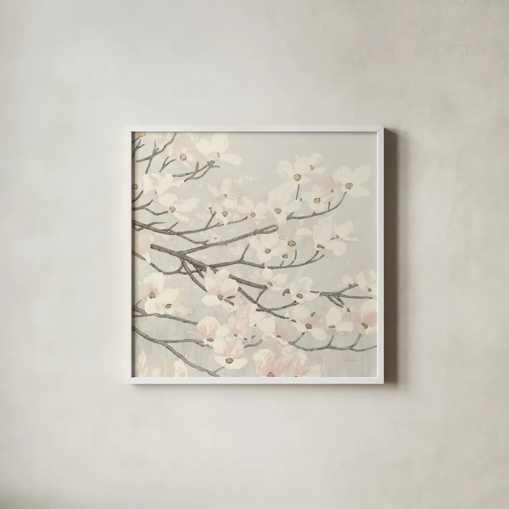 Dogwood Blossoms II Gray by James Wiens. Shown in a crisp white glass frame for a clean and minimalist style. Available as an archival giclee rolled canvas, fine art paper, or poster print. SKU 41472a.