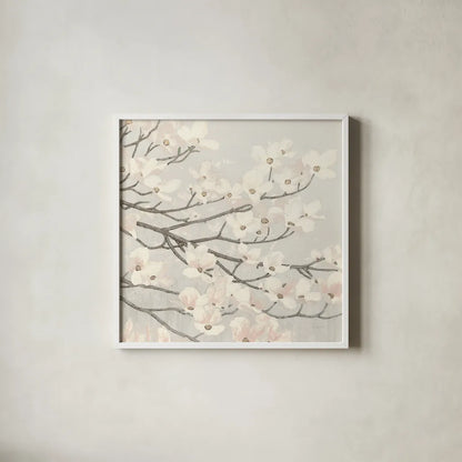 Dogwood Blossoms II Gray by James Wiens. Shown in a crisp white glass frame for a clean and minimalist style. Available as an archival giclee rolled canvas, fine art paper, or poster print. SKU 41472a.