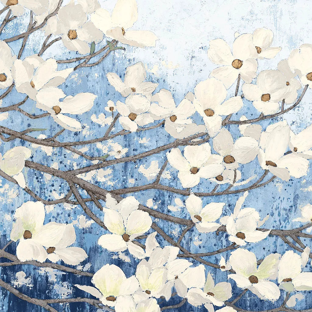 Dogwood Blossoms II Indigo by James Wiens. SKU 23973a. Archival Giclee Fine art print for wall decor.