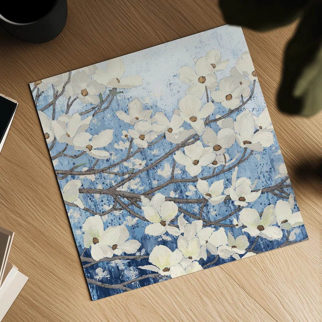 Dogwood Blossoms II Indigo by James Wiens. Shown as a detailed flat fine art print, highlighting archival giclee quality. Available as an archival giclee rolled canvas, fine art paper, or poster print. SKU 23973a.