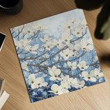 Dogwood Blossoms II Indigo by James Wiens. Shown as a detailed flat fine art print, highlighting archival giclee quality. Available as an archival giclee rolled canvas, fine art paper, or poster print. SKU 23973a.